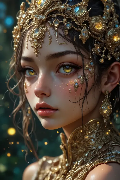 (masterpiece:1.4), (ultra-realistic:1.35), (16k:1.3), extreme close-up of a stunning queen, symmetrical delicate face, luminous brown skin, deep enchanting eyes, subtle confident expression, premium reflective golden crown with large gemstones, micro-ornam...
