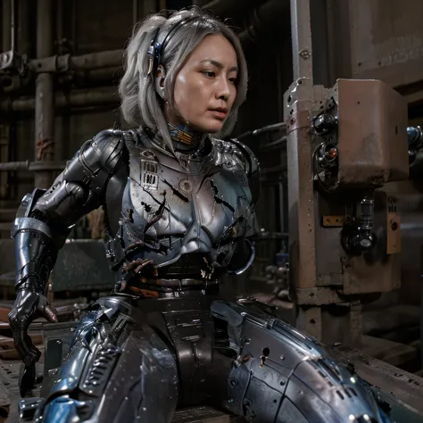 top quality、masterpiece、A 40-year-old Japanese woman transforms into an emotionless, drowsy robot cop.、 Silver Hair、composition showing the whole body、 mechanical ears 、silver attacks and lacerated arms full of lacerations with wiring coming out of the ope...