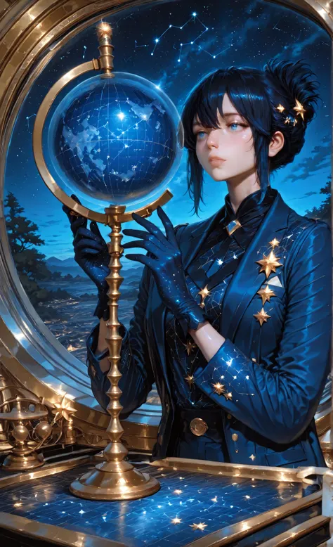 detail, Realistic, high resolution, velvet globe stargazer, professional astronomer mapping stars, (detailed eyes:1.2) midnight blue eyes reflecting constellations tracked with silver-speckled velvet gloves, (sharp eye:1.1) speculative stargazing expressio...