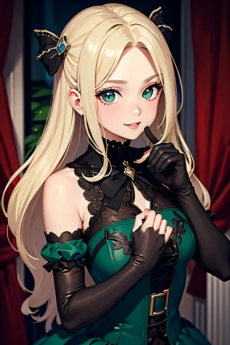 8k resolution, Delicate Features, , braley to imasa, unique pupils, shy smile, Blonde, princess cut, Bow Hair Ornament , brooch, The dark green velvet dress, Lolita Style, Gothic Style, velvet long gloves,Hands clasped, shows the viewer facing, Otaku room...