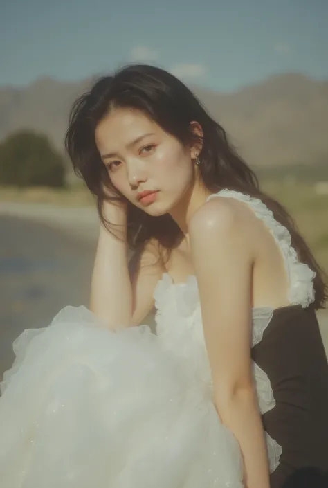 luxury fashion photo of a Japanese model wearing a specially designed black and white dress, (big boobs:1.5),tight waist shows proportions, The long skirt flutters, sexy pose, Realistic Sharp Face, Pastel Finished Backdrop, proportions by climbing the foot...