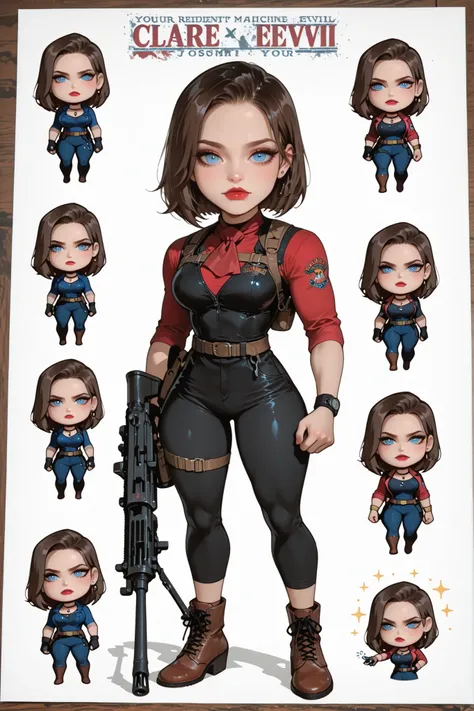 Claire redfield com uniforme personagem jogo (cosplay resident evil 2) And your machine gun in your hand in a drawing "Chibi"