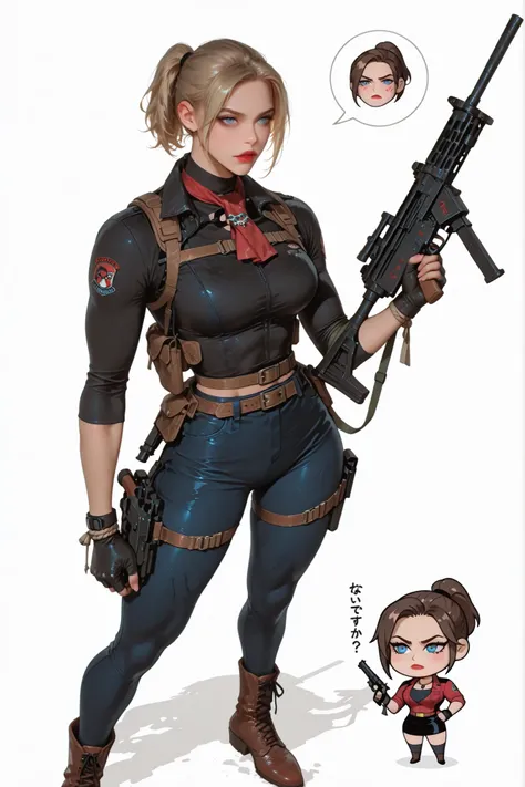 Claire redfield com uniforme personagem jogo (cosplay resident evil 2), Hair tied up ponytail and its machine gun in hand in drawing "Chibi"