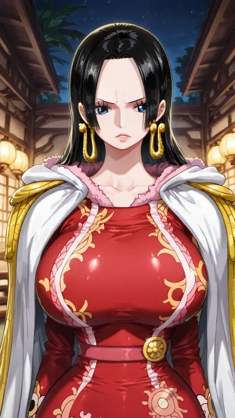 ((highly detailed)),(masterpiece:1.4), (best quality), (ultra detailed), (8k, 4k, intricate), (highly detailed:1.2), Smooth_Quality, ((1girl, solo)),boa hancock(ONE PIECE),{{{focus on breast}}}, ((upper body, waist)) ,blue eyes,standing,night, cheongsam cl...