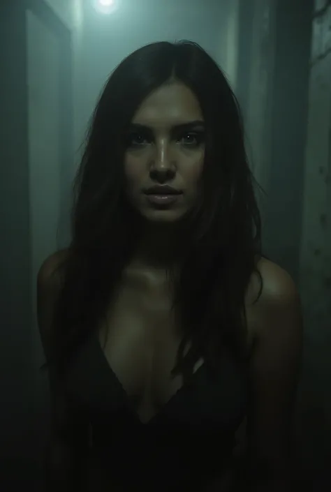 Young woman with ultra smooth brown hair in an outlast-type survival horror game, noite, Fog looking at the camera 