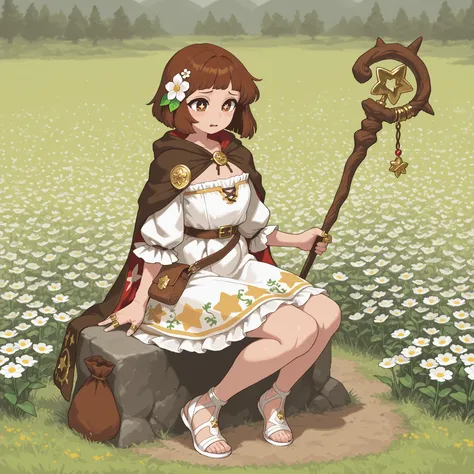 1 girl, star shape pupils, brown hair, multiple flower accessories in hair, determine expression, brown eyes, white dress with flower design, holding a flower like Staff , standing upright in a field of flowers, fantasy sitting, rings on fingers, small bla...