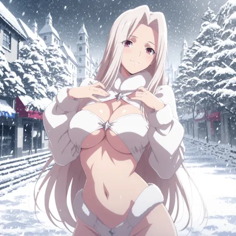 4k,masterpiece, highly detailed, solo, woman, voluptuos body, sexy pose, soft smile, revealing winter outfit , snowing city location