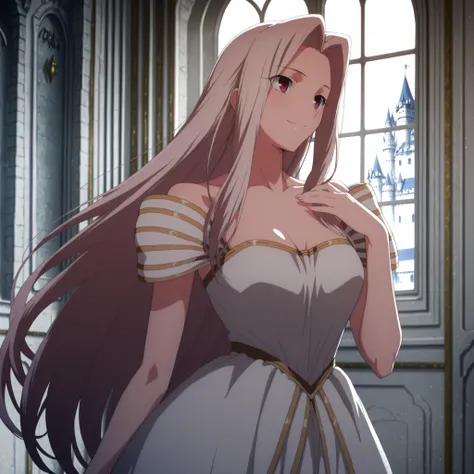 4k,masterpiece, highly detailed, solo, woman, voluptuos body, sexy pose, soft smile, gown outfit , castle interior place