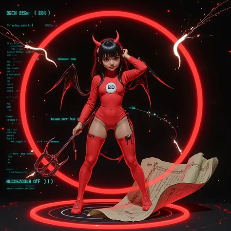 A KAWAII girl version of a "BSD daemon", a girl with a devilish smile, a red bodysuit, a pose with a distinctive trident, small devil wings, cute horn decorations, a black terminal screen background symbolizing a UNIX environment, floating strings of code,...