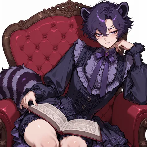 1man, femboy, feminine, slutty, short fluffy hair, dark purple hair, dark purple eyes, dark purple raccoon ears, flirtatious, detailed eyes, small head, flat chest, dark purple raccoon tail, mischievous, seductive, simple white background,, long sleeved fr...