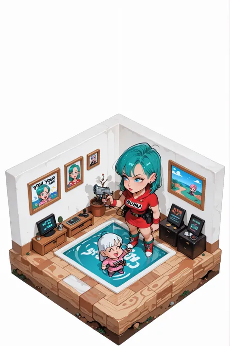 Bulma, ear piercing and your pistol in your hand in drawing "Chibi", white scenery with character shadow, Isometric image