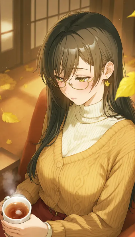  Ginko Namiki　Yellow Leaf 　Open Terrace　Drinking tea　girl with glasses　long black hair