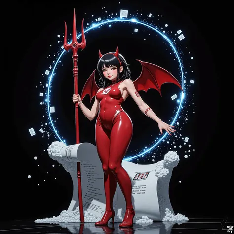 A KAWAII girl version of a "BSD daemon", a girl with a devilish smile, a red bodysuit, a pose with a distinctive trident, small devil wings, cute horn decorations, a black terminal screen background symbolizing a UNIX environment, floating strings of code,...