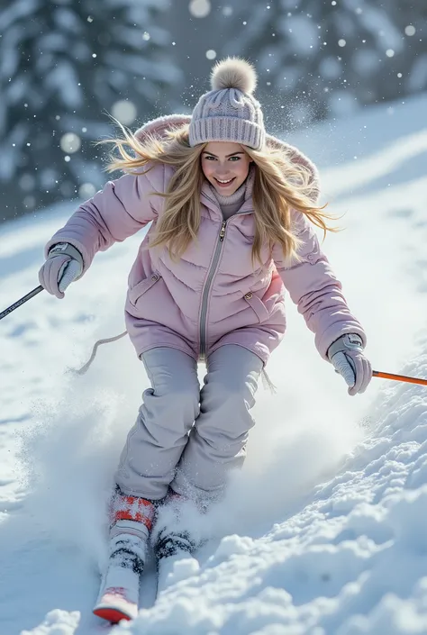 SKIING GIRL WITH VELVET GLOVES、BEAUTIFUL BLONDE GIRL SMILING IN THE HEAVY SNOW、SKIING POSES、Snowy Scenery Background、4K、high quality、Realistic Texture、HIGH DEFINITION DETAILS、Superb Realism、professional、bright colors、bokeh