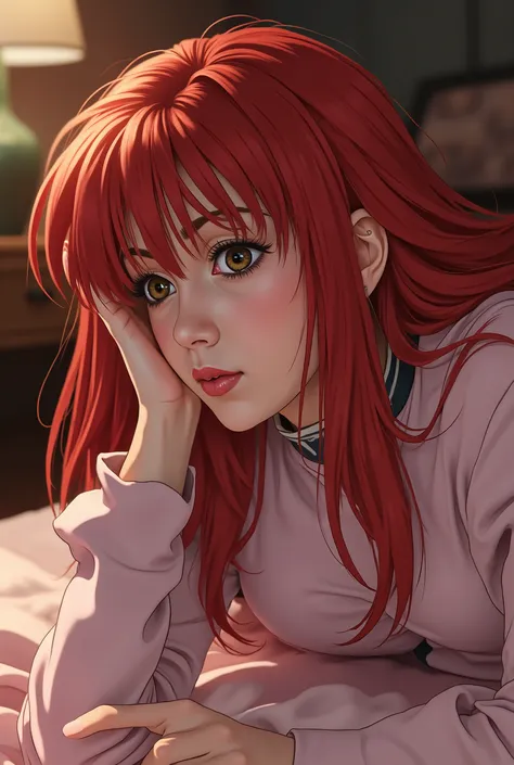 High Fine,8K,super realistic,Ultra Fine Texture,Professional,Vivid Colors,bokeh effect,Soryu Asuka Langley,uniform,on the bed,lying down,kiss face,it's embarrassing,cute,portrait taken by an expert