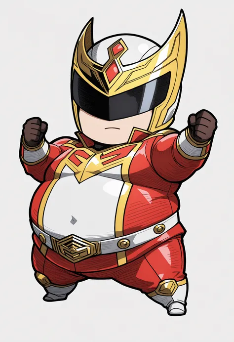 bdchibi,full body,Chibi, bdchibi, full body, obese 100kg, red Sentai hero, pot belly, special effects style, red suit with gold accents, black visor helmet, heroic expressionless mask, muscular yet stylized body, action pose, hand-drawn anime illustration,...
