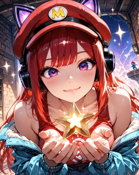 Front angle, close-up, (masterpiece, 4K, ultra-detailed, vivid and vibrant colors), {Jessy}: (a beautiful and attractive woman with long red hair and purple eyes, wearing cat-ear headphones, a red hat with the letter M in white, a red tank top and a blue j...