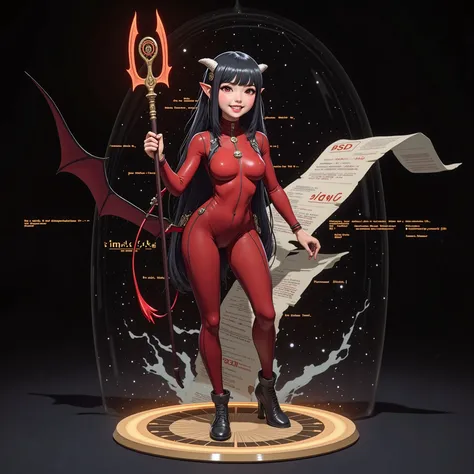 A KAWAII girl version of a "BSD daemon", a girl with a devilish smile, a red bodysuit, a pose with a distinctive trident, small devil wings, cute horn decorations, a black terminal screen background symbolizing a UNIX environment, floating strings of code,...