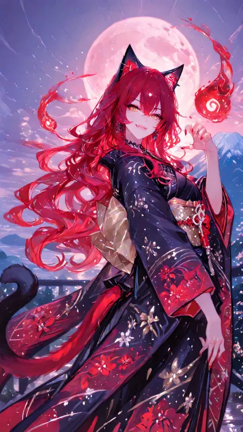 748cmstyle,perfect anatomy, masterpiece,  Illustration, ultra details, fine trait, best quality, ultra detailed, 1girl (kimono neko girl), cat tail, smile with fangs, claws, very long wavy red hair, , , nice anime golden eyes, dynamic pose, in night japan ...