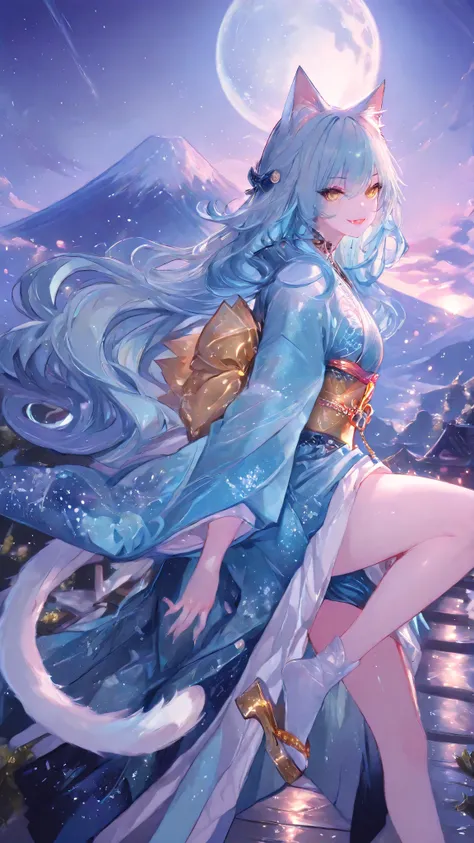 748cmstyle,perfect anatomy, masterpiece,  Illustration, ultra details, fine trait, best quality, ultra detailed, 1girl (kimono neko girl), cat tail, smile with fangs, claws, very long wavy blue hair, , , nice anime golden eyes, dynamic pose, in night japan...
