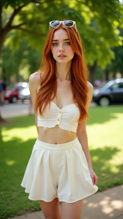 A beautiful woman with long red hair. She is wearing a summery white top and skirt that flatters her figure. Her outfit is reminiscent of a warm day, perfect for a casual outdoor getaway. The sunlight highlights her hair and the rich colors of her outfit, ...