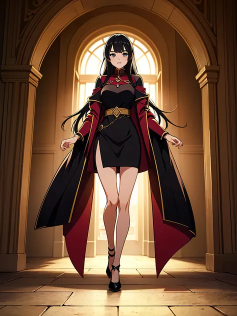 Black haired anime manga style female character, showing her full body in the image. Beautiful character from medieval role-playing games only.