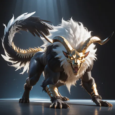 masterpiece, ultra-HD, impressionism, high detail, best quality, very aesthetic, 8K, best quality, beautiful, ultra-high resolution, 32K UHD, sharp focus, 3D, animal, solo, male, beast, wild, black messy fur, long messy white hair, black feathers, feathers...