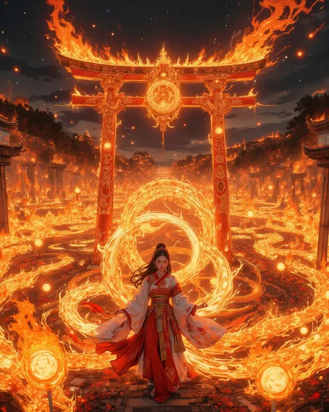 FLUX style, ultra-detailed panoramic cinematic masterpiece -- A grand fire festival unfolds beneath a twilight sky, where countless sacred flames rise in harmony with the night. Towering bonfires blaze across the horizon, their golden sparks drifting upwar...