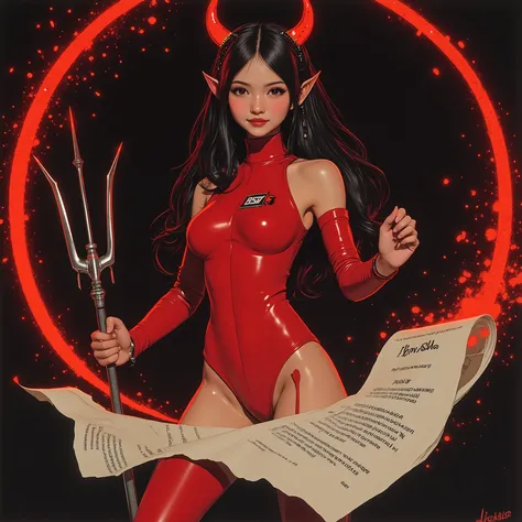 A KAWAII girl version of a "BSD daemon", a girl with a devilish smile, a red bodysuit, a pose with a distinctive trident, small devil wings, cute horn decorations, a black terminal screen background symbolizing a UNIX environment, floating strings of code,...