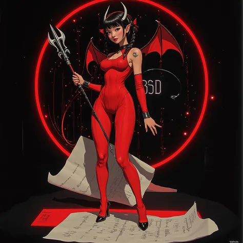 A KAWAII girl version of a "BSD daemon", a girl with a devilish smile, a red bodysuit, a pose with a distinctive trident, small devil wings, cute horn decorations, a black terminal screen background symbolizing a UNIX environment, floating strings of code,...