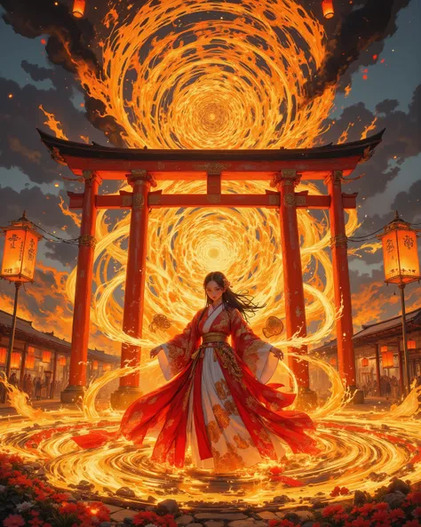 FLUX style, ultra-detailed panoramic cinematic masterpiece -- A grand fire festival unfolds beneath a twilight sky, where countless sacred flames rise in harmony with the night. Towering bonfires blaze across the horizon, their golden sparks drifting upwar...