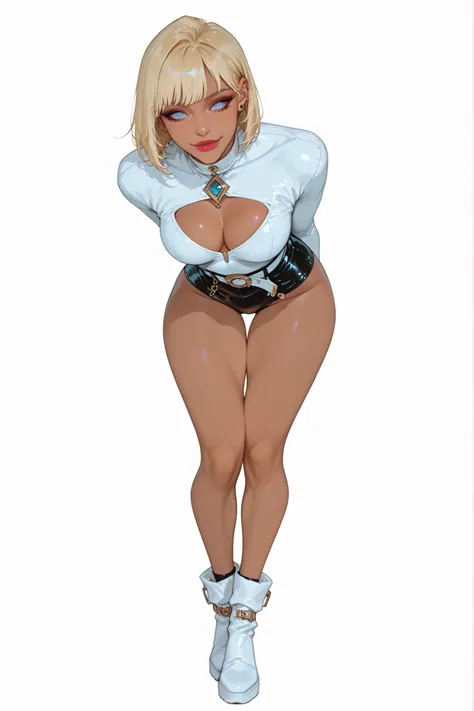 g4l4t3a, 1girl, solo, breasts, looking at viewer, smile, short hair, bangs, blue eyes, blonde hair, simple background, white background, medium breasts, standing, full body, boots, belt, artist name, dark skin, leotard, dark-skinned female, clothing cutout...
