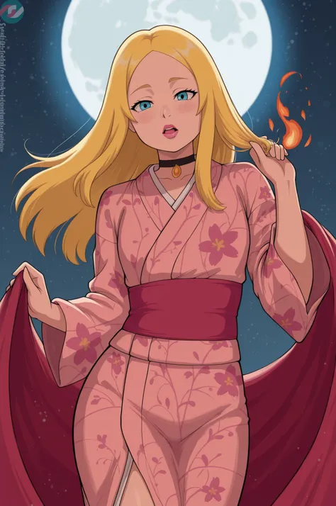 Francine Smith, looking at viewer, pink lipstick, choker, Blonde hair, small breasts. long hair. blonde hair, | Create a vibrant scene of a traditional torch festival at night. A performer in a floral-patterned kimono is dancing dynamically, skillfully tw...