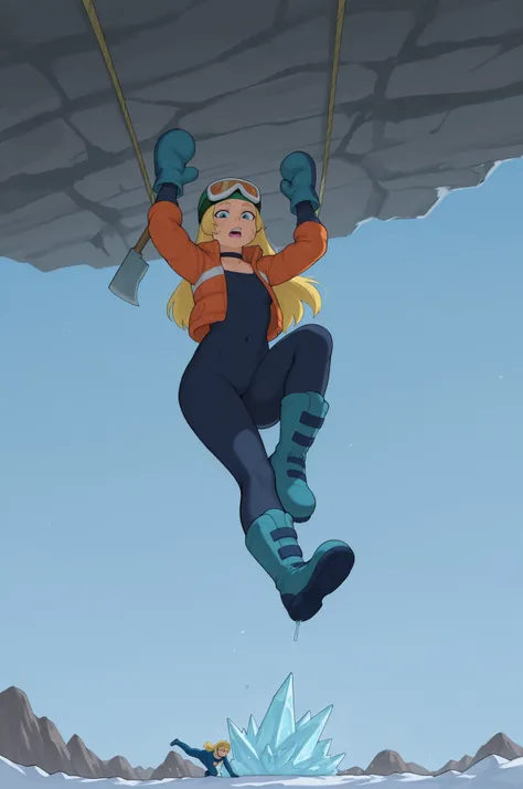 Francine Smith, looking at viewer, pink lipstick, choker, Blonde hair, small breasts. long hair. blonde hair, | Create a dramatic scene of a climber conquering a steep ice-covered rock face on National Rock Climbing Day. The athlete is suspended mid‑climb,...