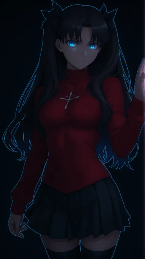 (masterpiece, best quality, absurdres, highres, score_9, score_8_up, score_7_up, source_anime, rin tohsaka, long hair, blue eyes, black hair, ribbon, hair ribbon, two side up, medium breasts, anime screencap, skirt, thighhighs, long sleeves, pleated skirt...