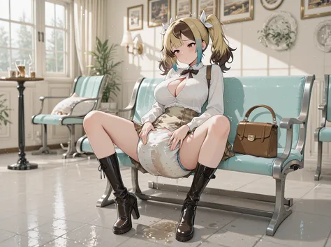 A girl with a beautiful face, large, sensual eyes gazing at the viewer, blue hair with pink tips, ((blonde hair with mixed-color highlights)), ((brown highlights)), ((brown highlights)), messy hair, bangs, white ribbons, and bulging eyes, wears an elegant ...