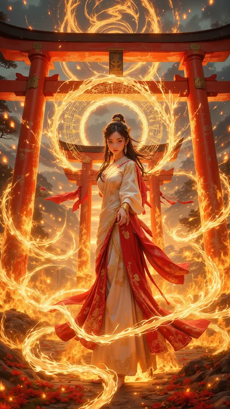 FLUX style, ultra-detailed panoramic cinematic masterpiece -- A grand fire festival unfolds beneath a twilight sky, where countless sacred flames rise in harmony with the night. Towering bonfires blaze across the horizon, their golden sparks drifting upwar...