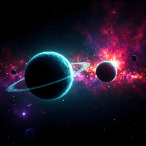 Ultra-realistic,photo-realistic, ultra-detailed, physically-based rendering, 3D rendered realism, UHDR, high-res. A vibrant, abstract cosmic scene unfolds, dominated by two large, ringed celestial bodies at the center, radiating intense, multicolored light...