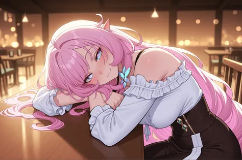 elysia_\(honkai_impact\), Mullon art style, high quality, masterpiece, best quality, 1girl, solo, gradient long straight hair let down, blush, bokeh light, score_9, score_8_up, score_8, 1girl, hair let down, long straight hair, pink and white gradient hair...
