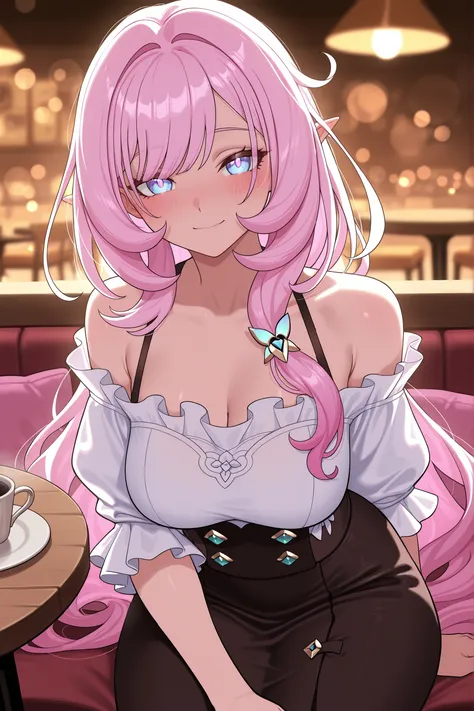 elysia_\(honkai_impact\), Mullon art style, high quality, masterpiece, best quality, 1girl, solo, gradient long straight hair let down, blush, bokeh light, score_9, score_8_up, score_8, 1girl, hair let down, long straight hair, pink and white gradient hair...