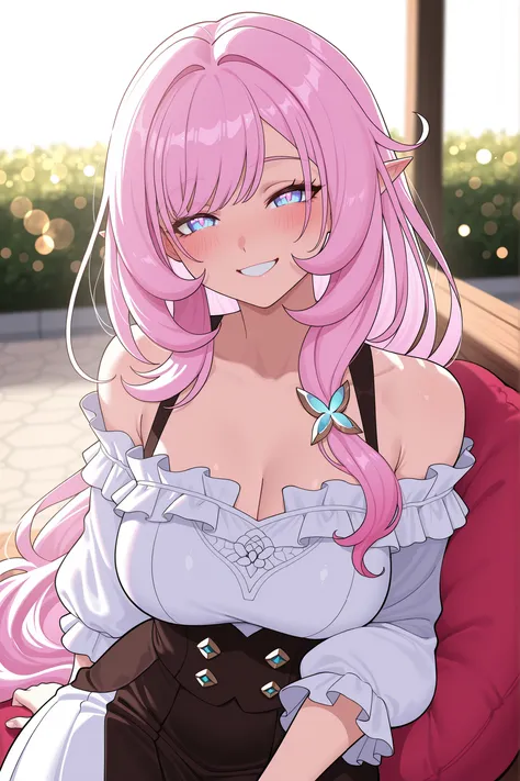 elysia_\(honkai_impact\), Mullon art style, high quality, masterpiece, best quality, 1girl, solo, gradient long straight hair let down, blush, bokeh light, score_9, score_8_up, score_8, 1girl, hair let down, long straight hair, pink and white gradient hair...