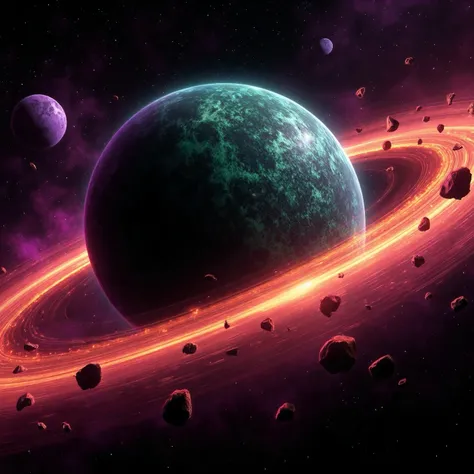 Ultra-realistic, photo-realistic, ultra-detailed, physically-based rendering, 3D rendered realism, UHDR, high-res. A vibrant cosmic scene unfolds with a central planet, its surface a mottled green and purple, dominating the view. It is encircled by brillia...