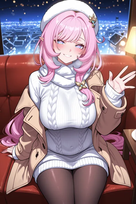 high quality, masterpiece, best quality, elysia_(honkai_impact), Mullon art style, 1girl, solo, pink and white gradient long straight hair let down, wavy hair, blush, smiling at viewer, winter evening outfit, pantyhose, chic oversized knit sweater, stylish...