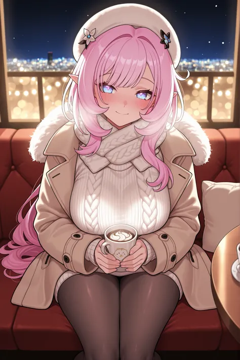 high quality, masterpiece, best quality, elysia_(honkai_impact), Mullon art style, 1girl, solo, pink and white gradient long straight hair let down, wavy hair, blush, winter evening outfit, pantyhose, chic oversized knit sweater, stylish winter scarf loose...