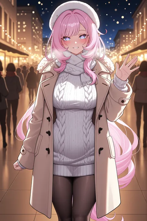 high quality, masterpiece, best quality, elysia_(honkai_impact), Mullon art style, 1girl, solo, pink and white gradient long straight hair let down, wavy hair, blush, winter evening outfit, pantyhose, chic oversized knit sweater, stylish winter scarf loose...