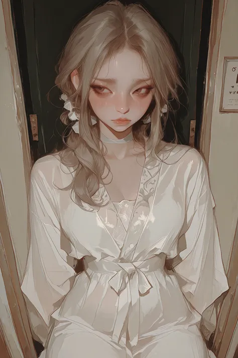 1girl, white dress, gentle, pretty, modest, humble, slight blush, detailed background, high quality, 8k, masterpiece, light brown hair, brown eyes, eerie atmosphere, dark aesthetic, flowy dress, shy, uncomfortable expression, delicate, sharp