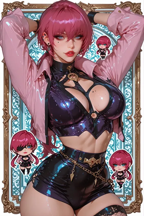 Shermie KOF, personagem (CHIBI), (solo) uniforme, piercing na orelha, pose sexy e sensual para uma foto