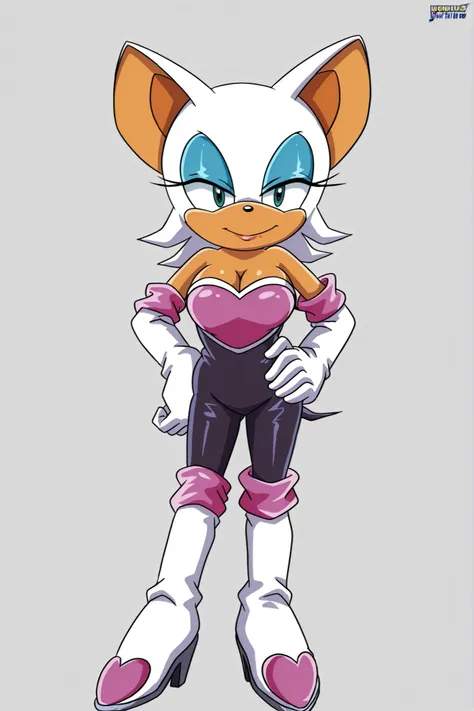 Rouge the bat, cleavage, bbmbbf style, looking at viewer, smile, one hand on hip, posing
