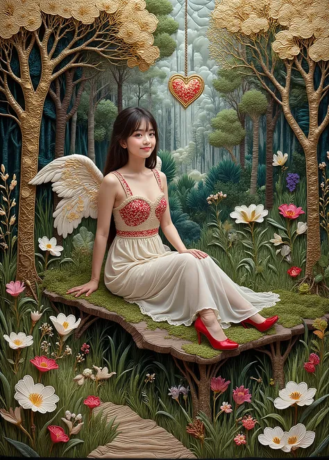 (Jean=Contemporary Abstract Oil Painting Design by François Millet ,masterpiece, high quality, high image quality, and high precision, photorealistic),fairy tale scene、Deep in the Forest、cute woman、(On the Midori Grass、1 angel sitting on a mossy wooden bed...