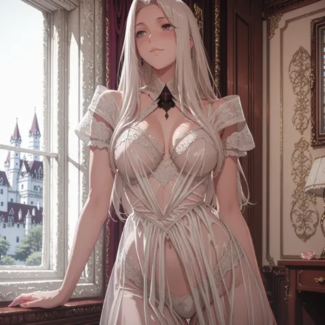 4k,masterpiece, highly detailed,solo, woman, voluptuos body, sexy pose, soft smile, sexy translucent dress outfit, white underwear ,elegant castle bedroom with a window place